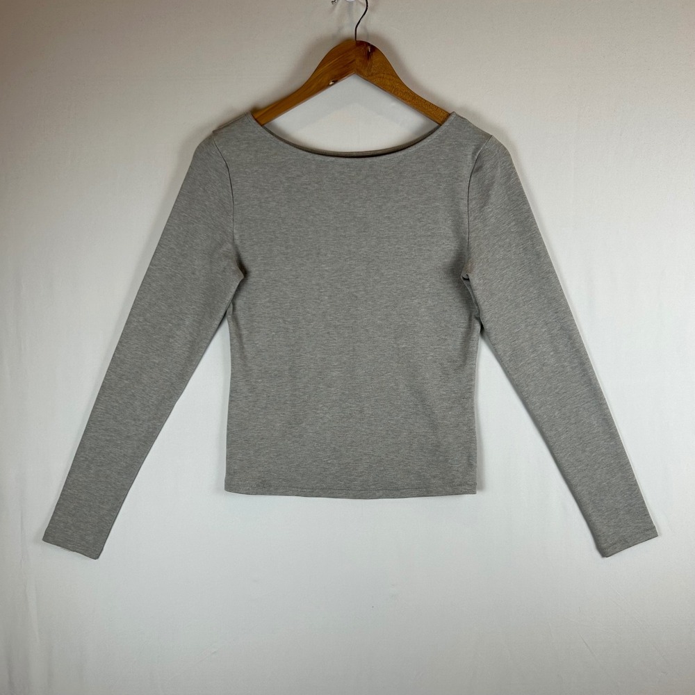 nuuds Womens Long Sleeve Ribbed Boat Neck Top Grey Heather WS-1241 Size M